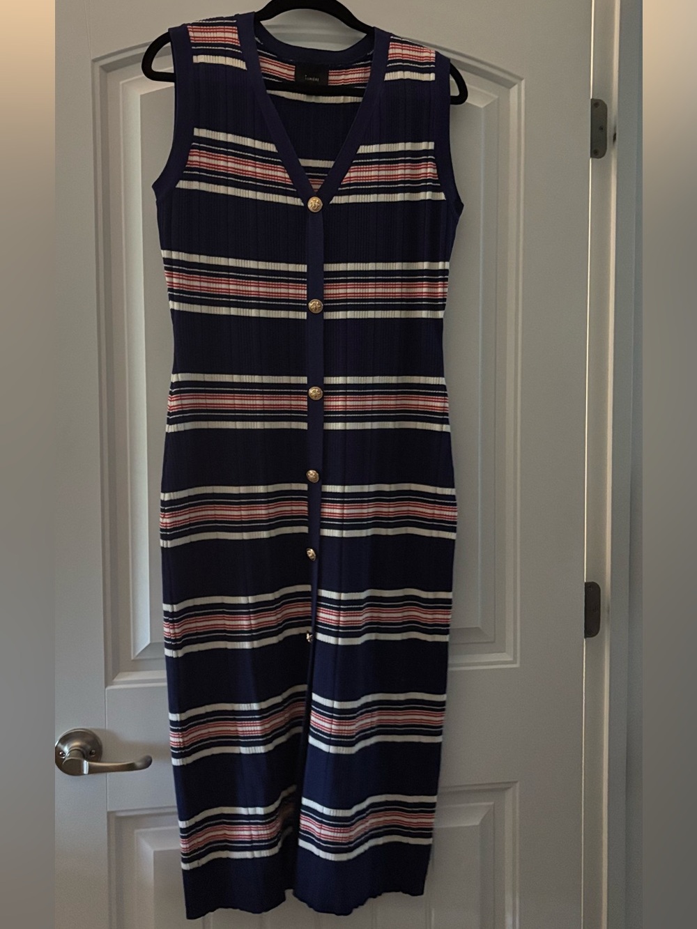 Lumiere Navy Sleeveless Striped Button-Front Midi Dress